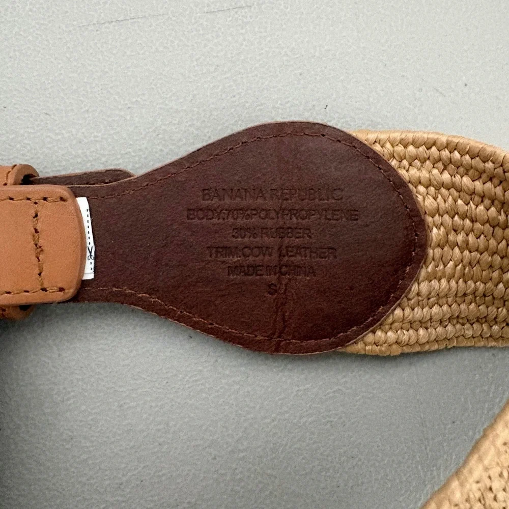 Banana Republic Tan Woven Straw Leather Trim Stretch Waist Belt Small Boho